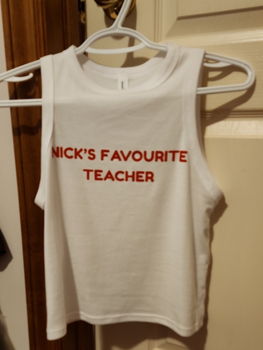 Etsy Women's White Tank Top with Red 'Nick's Favourite Teacher' Print